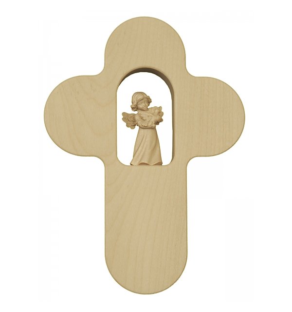 3187C - Kinderkreuz mit Engel mit Taube 5cm NATUR